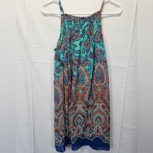 My Michelle Printed Halter Sundress in Teal and Navy NWOT, SZ S